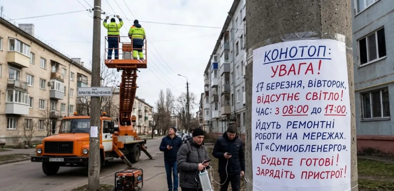 Конотоп без світла: сьогодні частину міста знеструмлять на весь день