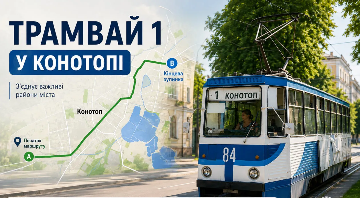Трамвай 1 у Конотопі: маршрут, зупинки, розклад і вартість проїзду