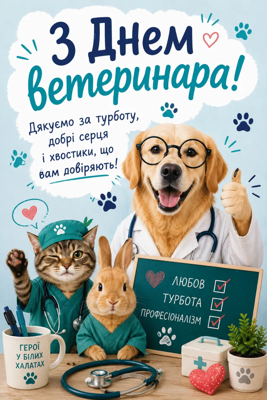 День ветеринара 2026: теплі привітання від власників хвостатих та красиві листівки