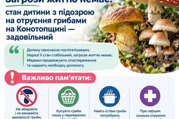 Стан трирічної дитини з підозрою на отруєння грибами на Конотопщині покращився