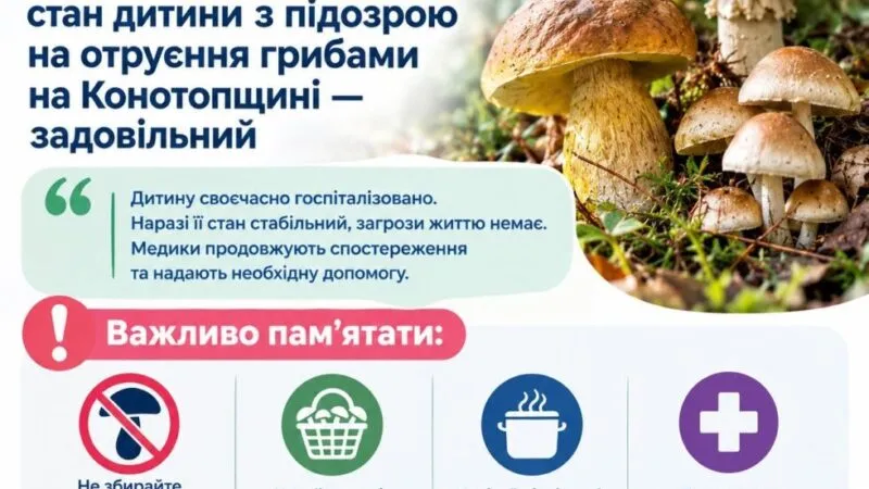 Стан трирічної дитини з підозрою на отруєння грибами на Конотопщині покращився