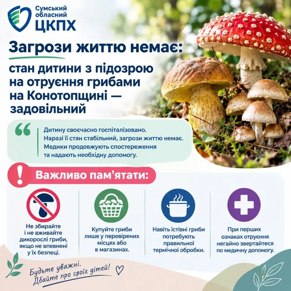 Стан трирічної дитини з підозрою на отруєння грибами на Конотопщині покращився